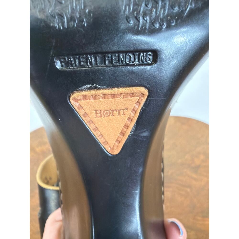 Born Black Leather Peep Toe Sandals Tan Piping Contrast Stitch Heel Size 10 - Picture 11 of 11